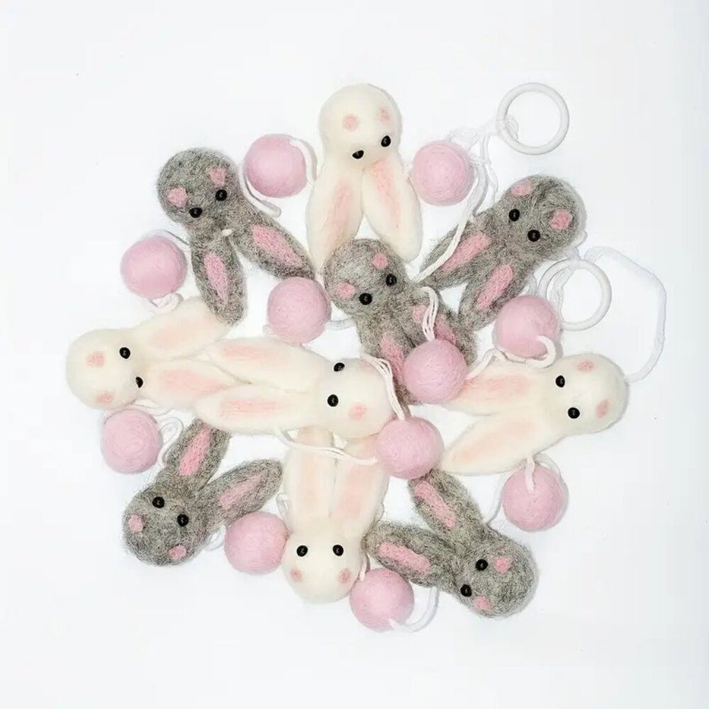 Head Garland – Handmade Bunny Decor with Wool Balls – Easter Bunny Garland